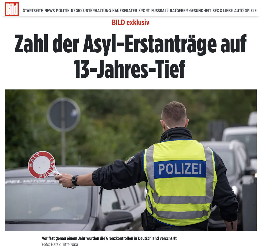 BILD exklusiv - Zahl der Asyl-Erstanträge auf 13-Jahres-Tief